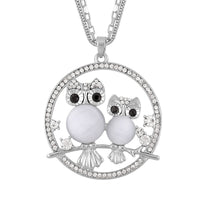 Lab Created White Cat's Eye, White and Black Austrian Crystal Owl Pendant Necklace (28-30 Inches) in Silvertone