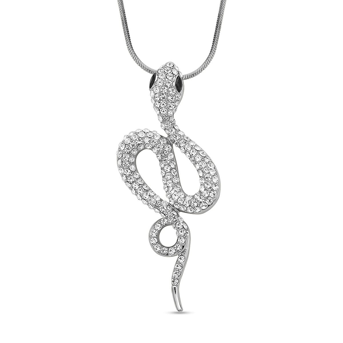 Black Glass and White Austrian Crystal Snake Pendant Necklace 28-30 Inches in Silvertone