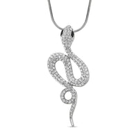 Black Glass and White Austrian Crystal Snake Pendant Necklace 28-30 Inches in Silvertone