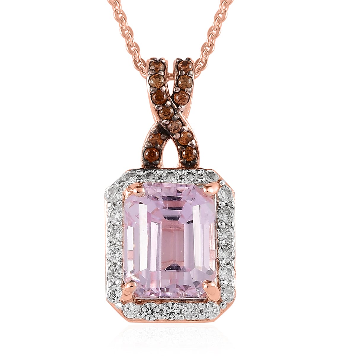 Premium Martha Rocha Kunzite, White Zircon and Brown Zircon Halo Pendant Necklace 20 Inches in Vermeil Rose Gold Over Sterling Silver 3.50 ctw