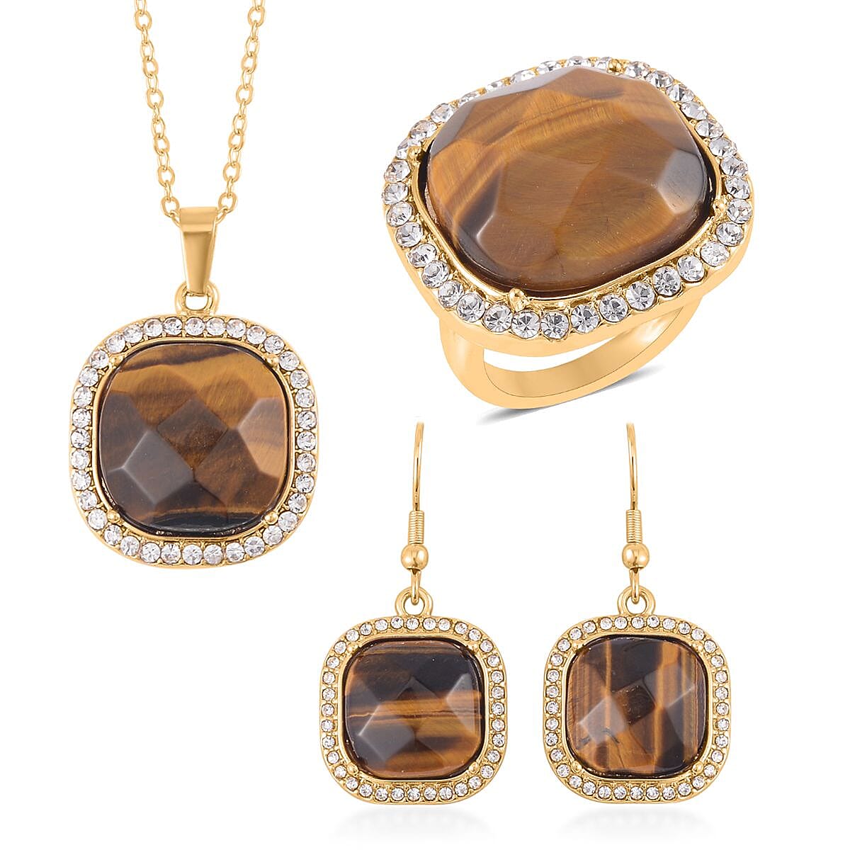 Yellow Tiger's Eye and Austrian Crystal Dangle Earrings, Halo Ring (Size 6.0) and Pendant Necklace 20 Inches in Goldtone 14.00 ctw