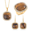 Yellow Tiger's Eye and Austrian Crystal Dangle Earrings, Halo Ring (Size 6.0) and Pendant Necklace 20 Inches in Goldtone 14.00 ctw - Sticky add to cart bar