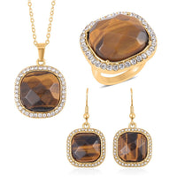 Yellow Tiger's Eye and Austrian Crystal Dangle Earrings, Halo Ring (Size 6.0) and Pendant Necklace 20 Inches in Goldtone 14.00 ctw