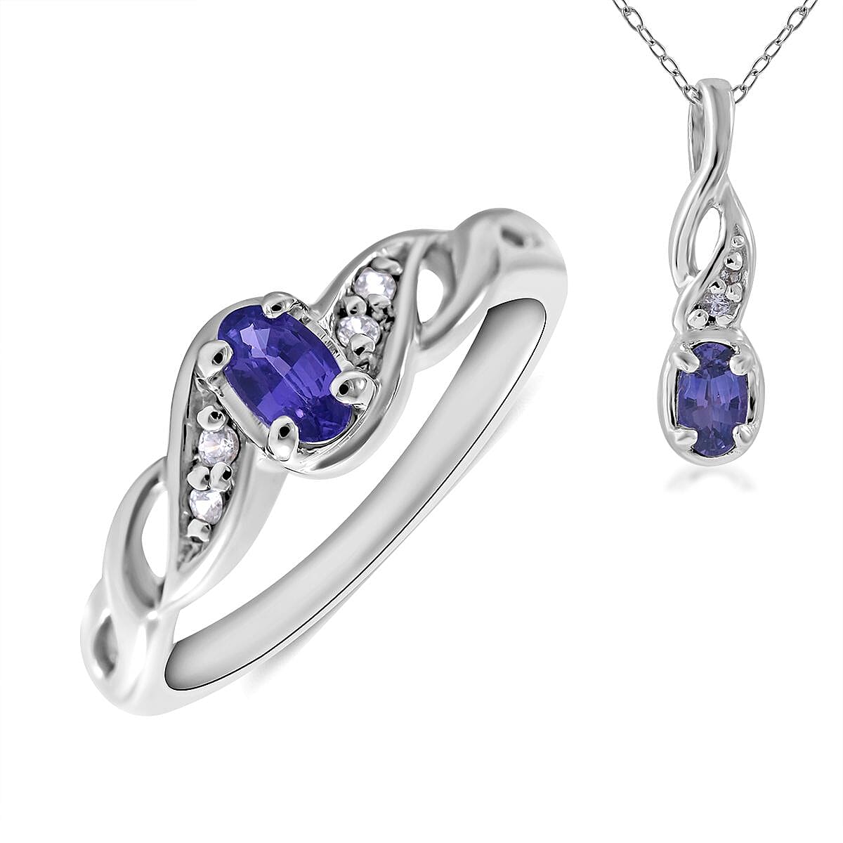 Madagascar Purple Sapphire, Natural White Zircon Ring (Size 5.00) and Pendant Necklace 18 Inches in Platinum Over Sterling Silver 0.65 ctw