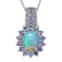 Premium Ethiopian Welo Opal and Multi Gemstone Sunburst Pendant Necklace 20 Inches in Platinum Over Sterling Silver 1.85 ctw