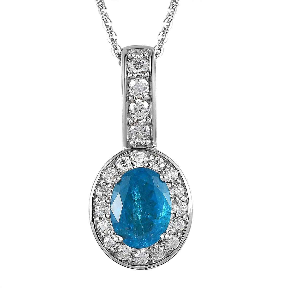 Malgache Neon Apatite and Moissanite Halo Pendant Necklace 20 Inches in Platinum Over Sterling Silver 1.60 ctw