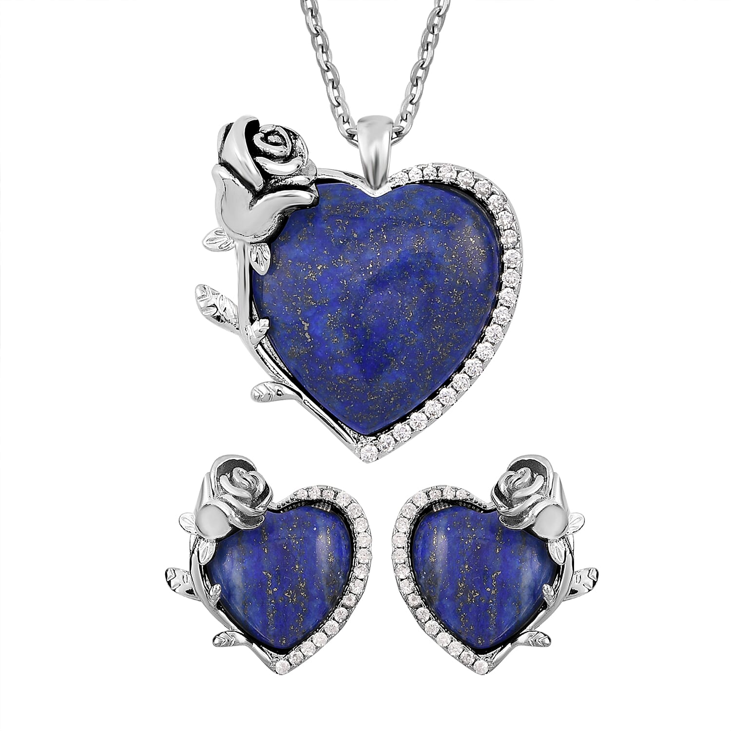 Lapis Lazuli, Simulated Diamond Heart Earrings and Pendant Necklace 20-22 Inches in Silvertone 6.00 ctw