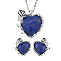 Lapis Lazuli, Simulated Diamond Heart Earrings and Pendant Necklace 20-22 Inches in Silvertone 6.00 ctw
