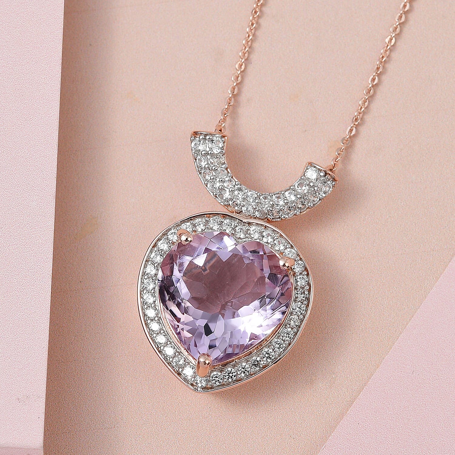 Rose De France Amethyst and White Zircon Pendant Necklace 20 Inches in Vermeil Rose Gold Over Sterling Silver 11.60 ctw