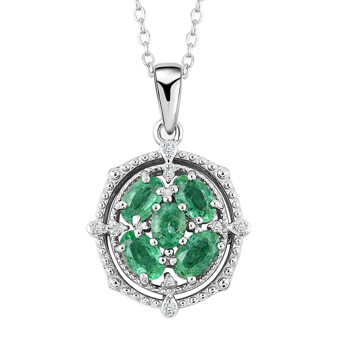 AAA Kagem Emerald and White Zircon Pendant Necklace 18 Inches in Rhodium Over Sterling Silver 1.10 ctw