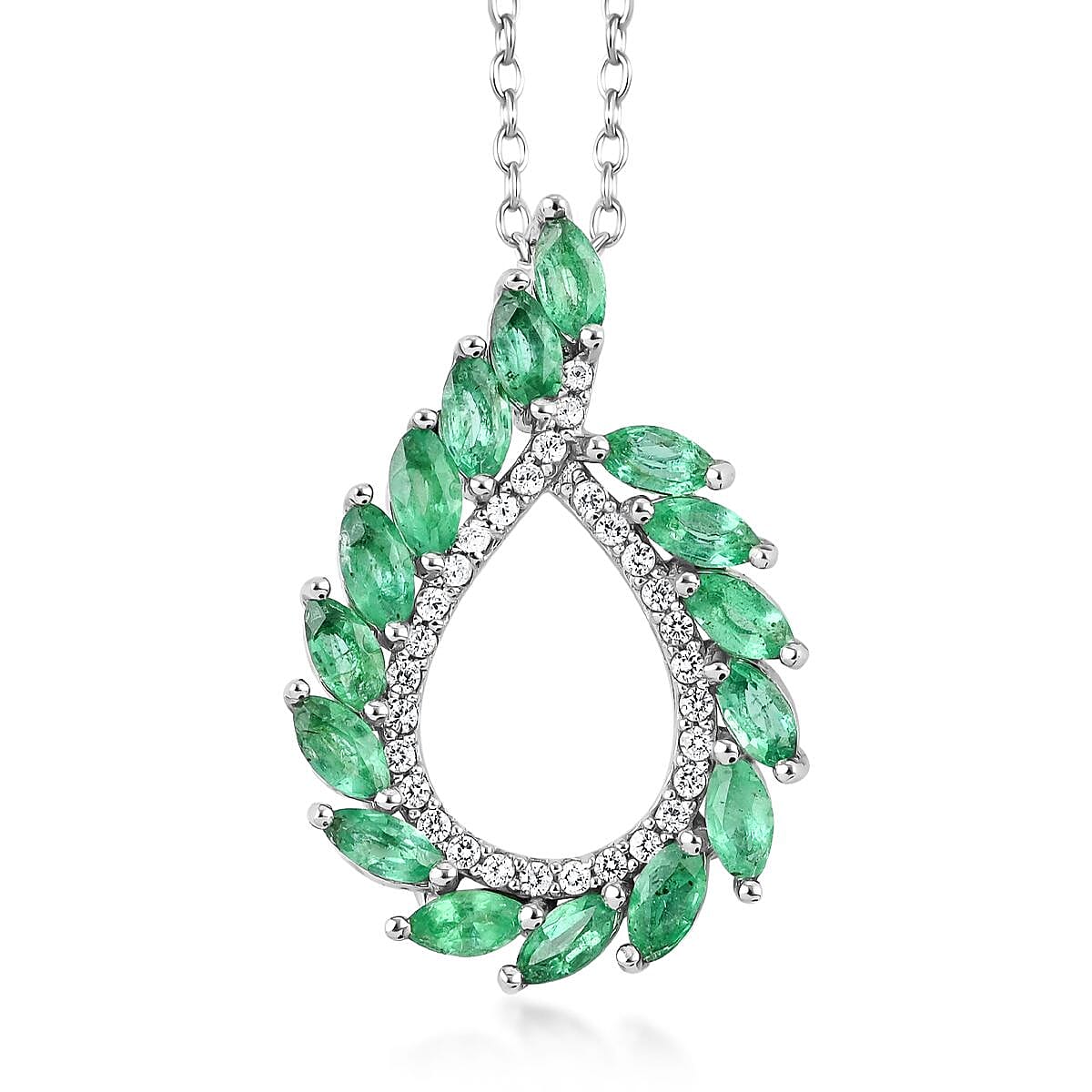AAA Kagem Emerald and White Zircon Pendant Necklace 18 Inches in Rhodium Over Sterling Silver 1.35 ctw