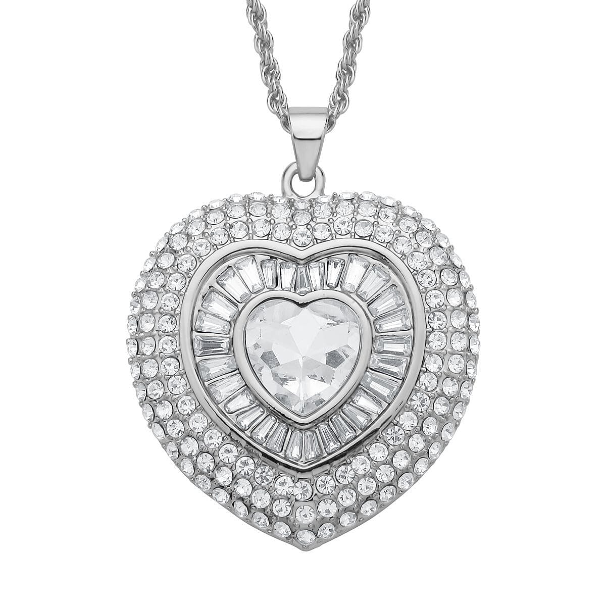 White Austrian Crystal Heart Pendant Necklace 28-30 Inches in Silvertone