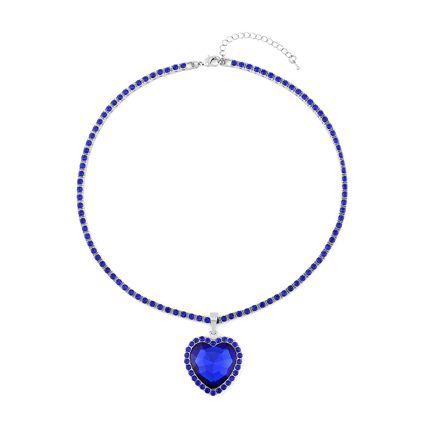 Blue Glass and Blue Austrian Crystal Heart Pendant with Tennis Chain Necklace 20-22 Inches in Silvertone