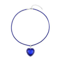 Blue Glass and Blue Austrian Crystal Heart Pendant with Tennis Chain Necklace 20-22 Inches in Silvertone