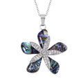Abalone Shell and White Austrian Crystal Plumeria Flower Pendant Necklace 20 Inches in Stainless Steel - Sticky add to cart bar