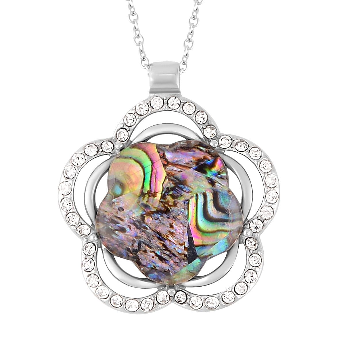 Abalone Shell and White Austrian Crystal Flower Pendant Necklace 20 Inches in Strainless Steel