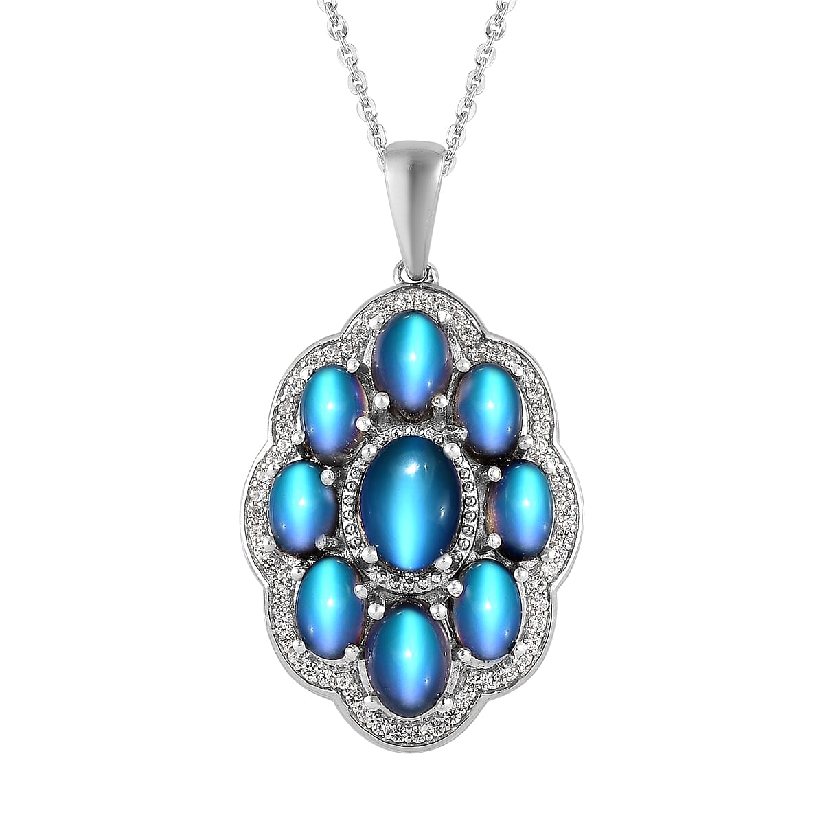 Aurora Moonstone (D) and White Zircon Pendant Necklace 20 Inches in Platinum Over Sterling Silver 6.75 ctw