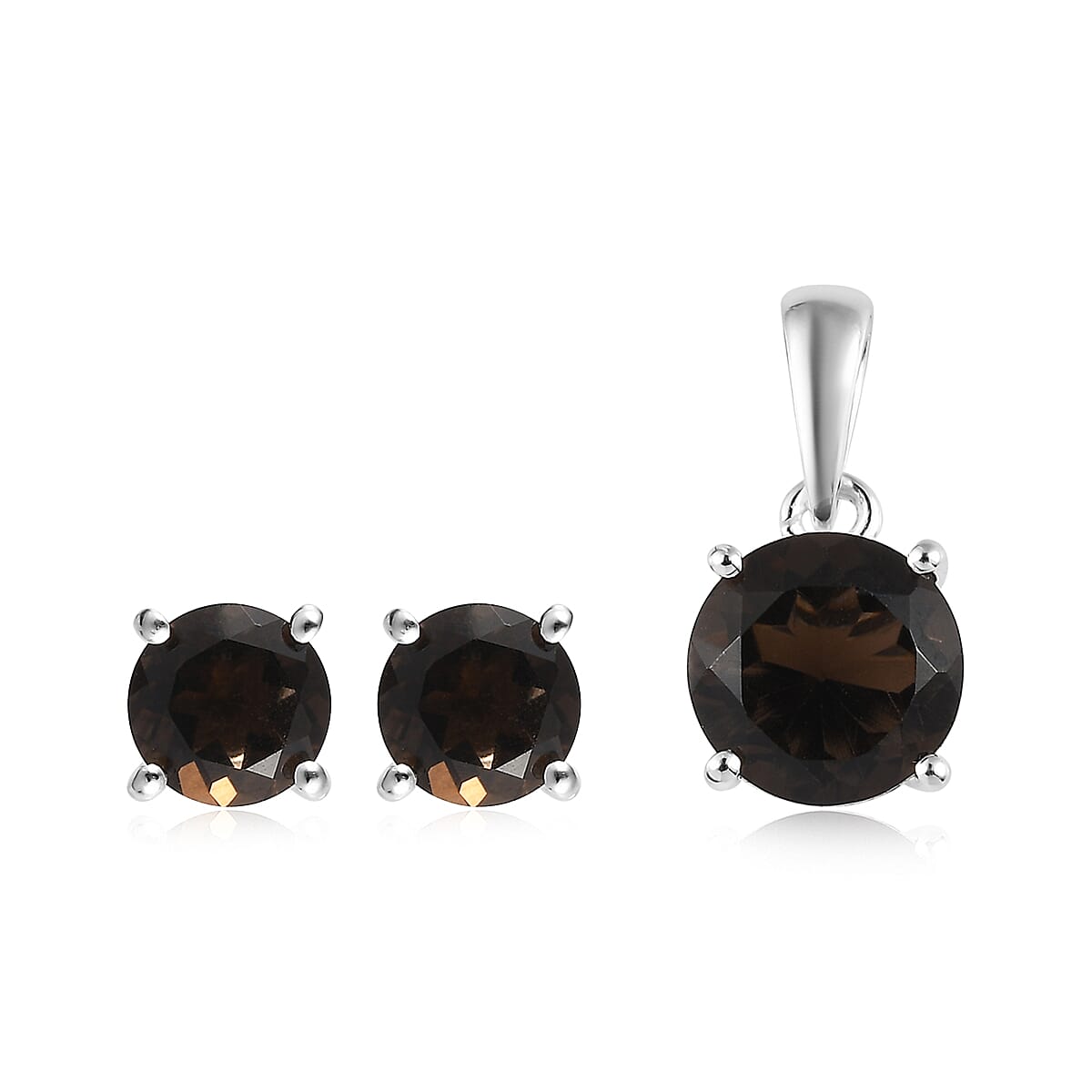 Brazilian Smoky Quartz Solitaire Stud Earrings and Pendant in Sterling Silver 3.15 ctw