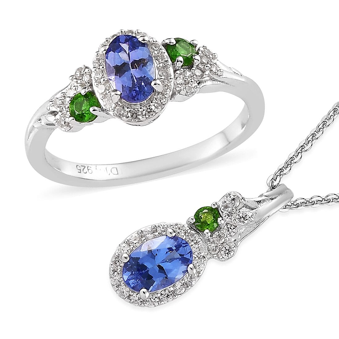 AAA Tanzanite and Multi Gemstone Halo Ring and Pendant Necklace 20 Inches in Platinum Over Sterling Silver 1.75 ctw