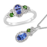 AAA Tanzanite and Multi Gemstone Halo Ring and Pendant Necklace 20 Inches in Platinum Over Sterling Silver 1.75 ctw