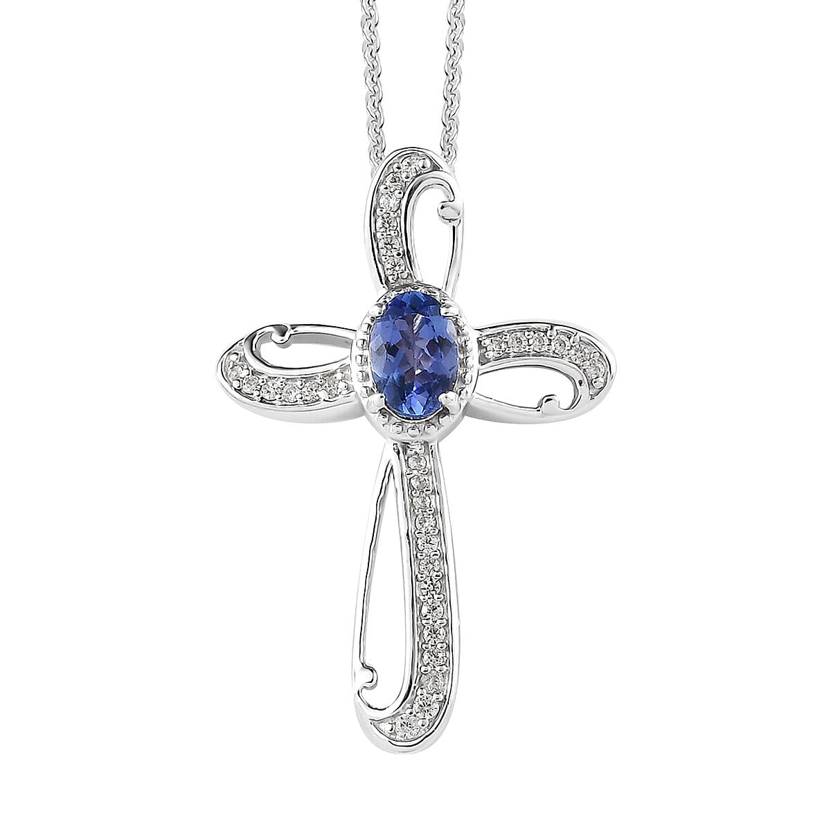 AAA Tanzanite and White Zircon Cross Pendant Necklace 20 Inches in Platinum Over Sterling Silver 0.90 ctw