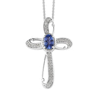 AAA Tanzanite and White Zircon Cross Pendant Necklace 20 Inches in Platinum Over Sterling Silver 0.90 ctw
