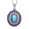 Aurora Moonstone (D) and Multi Gemstone Double Halo Pendant Necklace 20 Inches in Platinum Over Sterling Silver 4.35 ctw - Sticky add to cart bar