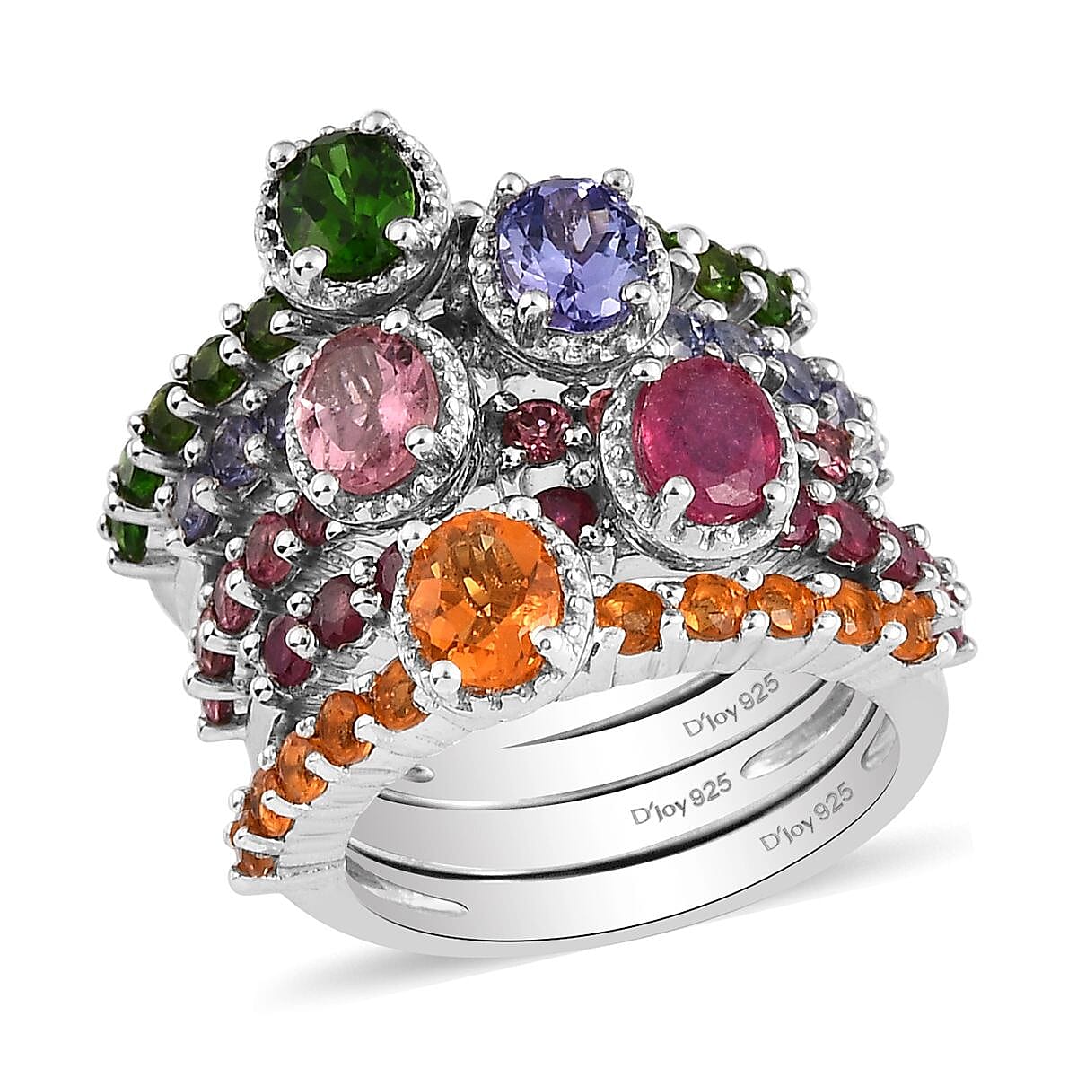 Set of 5 Multi Gemstone Stackable Ring in Platinum Over Sterling Silver (Size 5.0) (10.50 g) 4.00 ctw