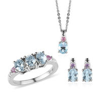 Premium Mangoro Aquamarine and Madagascar Pink Sapphire Ring , Earrings and Pendant Necklace 20 Inches in Platinum Over Sterling Silver 2.00 ctw