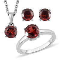 Mozambique Garnet Solitaire Stud Earrings, Ring and Pendant Necklace 20 Inches in Stainless Steel 3.00 ctw