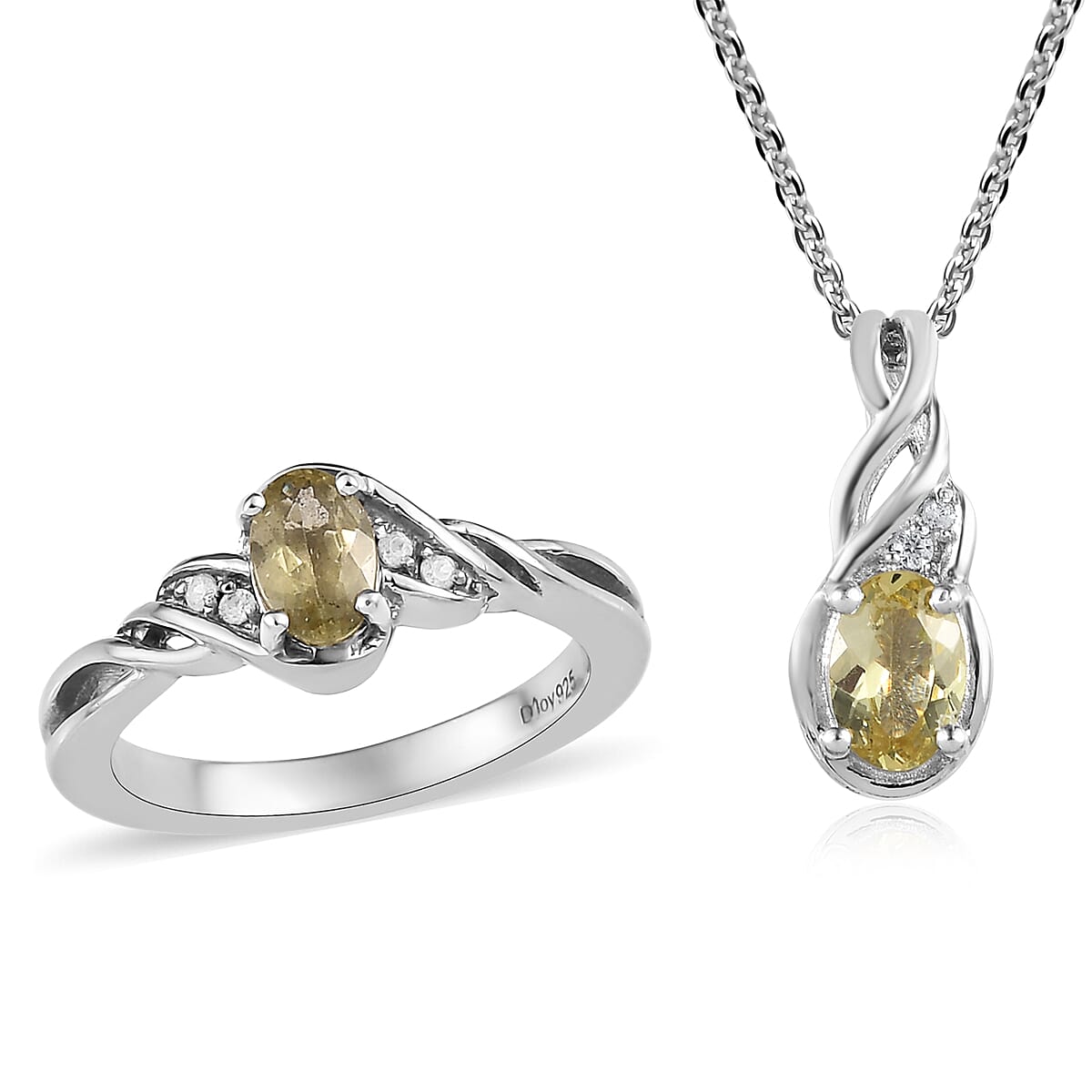 Brazilian Golden Apatite and Natural White Zircon Ring and Pendant Necklace 20 Inches in Platinum Over Sterling Silver 1.00 ctw