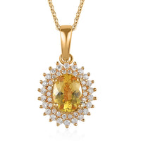 Brazilian Golden Apatite and Moissanite Double Halo Pendant Necklace 20 Inches in Vermeil Yellow Gold Over Sterling Silver 1.60 ctw
