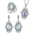 TLV Simulated Aurora Borealis, Austrian Crystal Halo Ring (Size 9.00), Earrings and Pendant Necklace (20-22 Inches) in Silvertone - Sticky add to cart bar