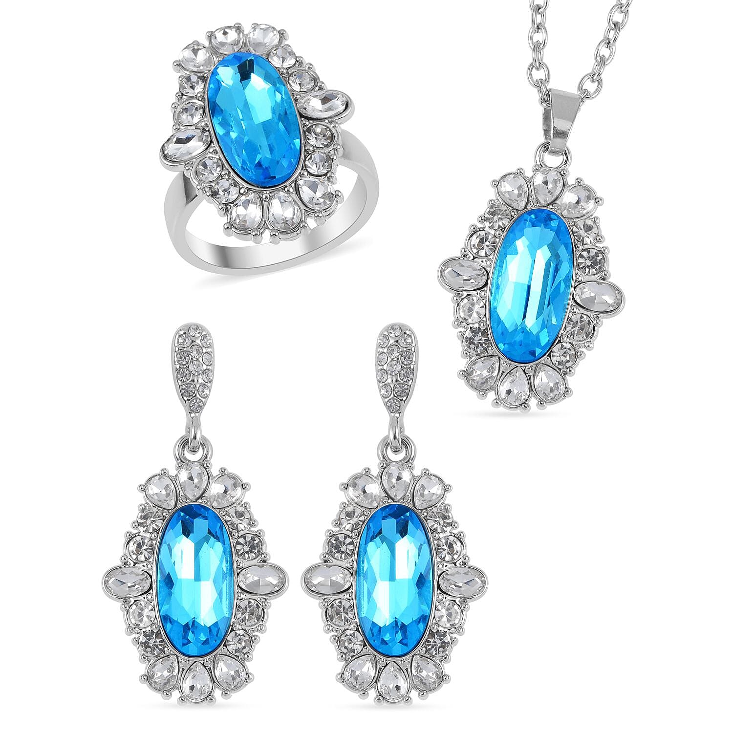 TLV Simulated Aurora Borealis, Austrian Crystal Halo Ring (Size 9.00), Earrings and Pendant Necklace (20-22 Inches) in Silvertone