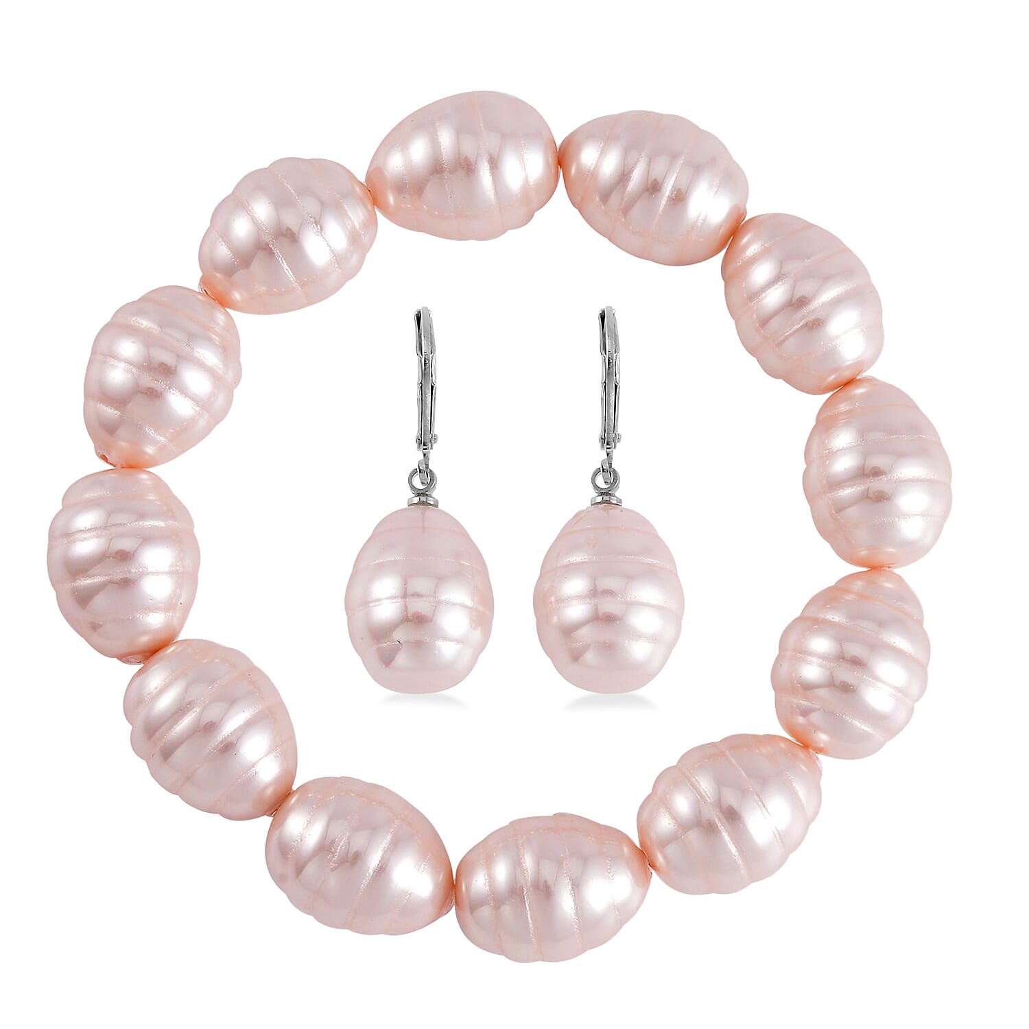 Tahitian Color Shell Pearl Beaded Stretch Bracelet and Earrings in Stainless Steel