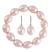 Tahitian Color Shell Pearl Beaded Stretch Bracelet and Earrings in Stainless Steel