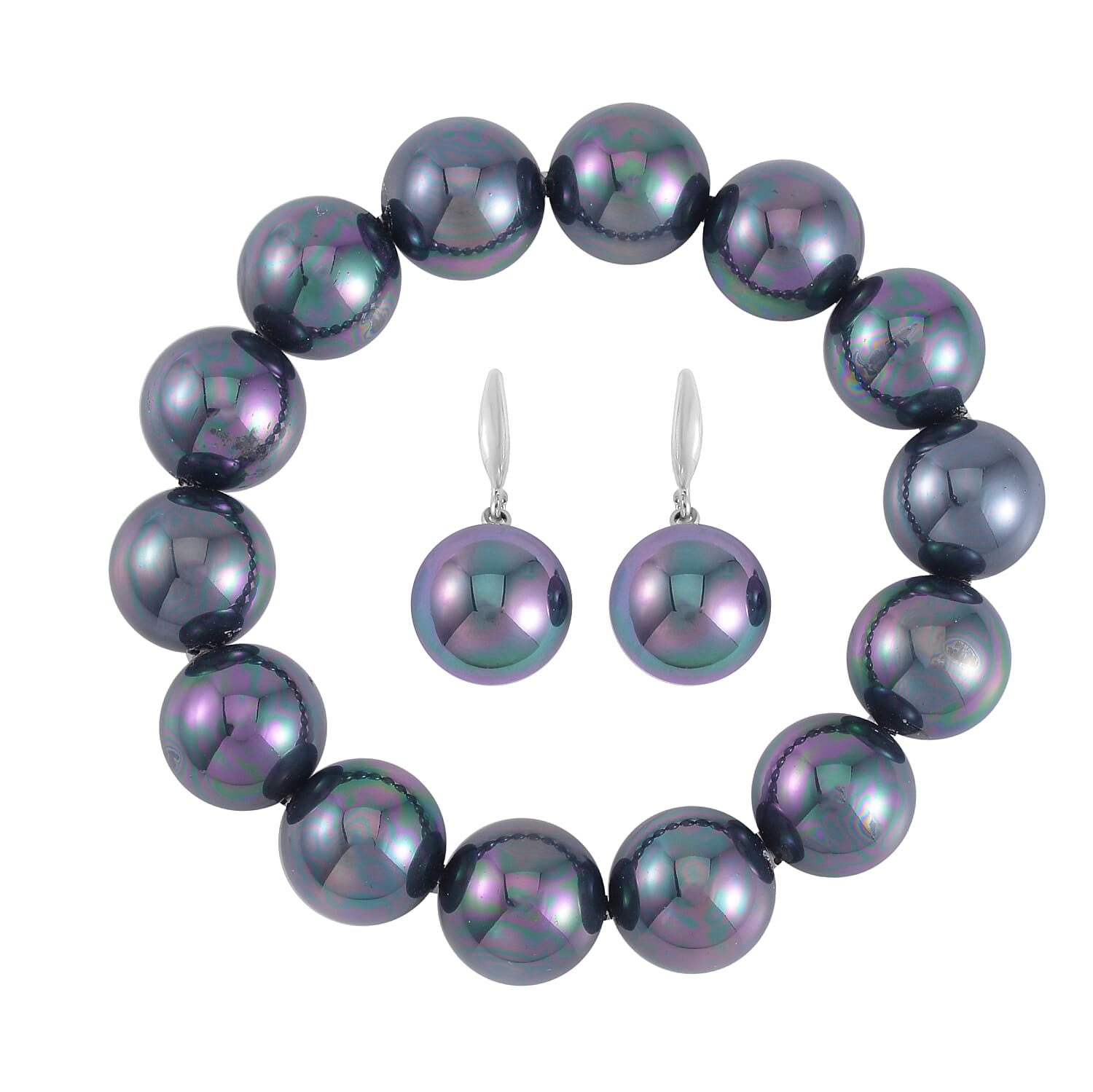 Multi Color Shell Pearl Stretch Bracelet and Earrings in Silvertone