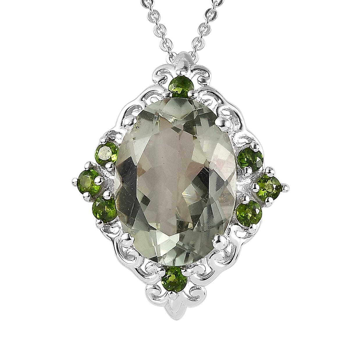 AAA Montezuma Prasiolite and Chrome Diopside Pendant Necklace 20 Inches in Platinum Over Sterling Silver 5.75 ctw