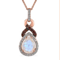Premium Rainbow Moonstone, White and Brown Zircon Pendant Necklace 20 Inches in Vermeil Rose Gold Over Sterling Silver 2.15 ctw