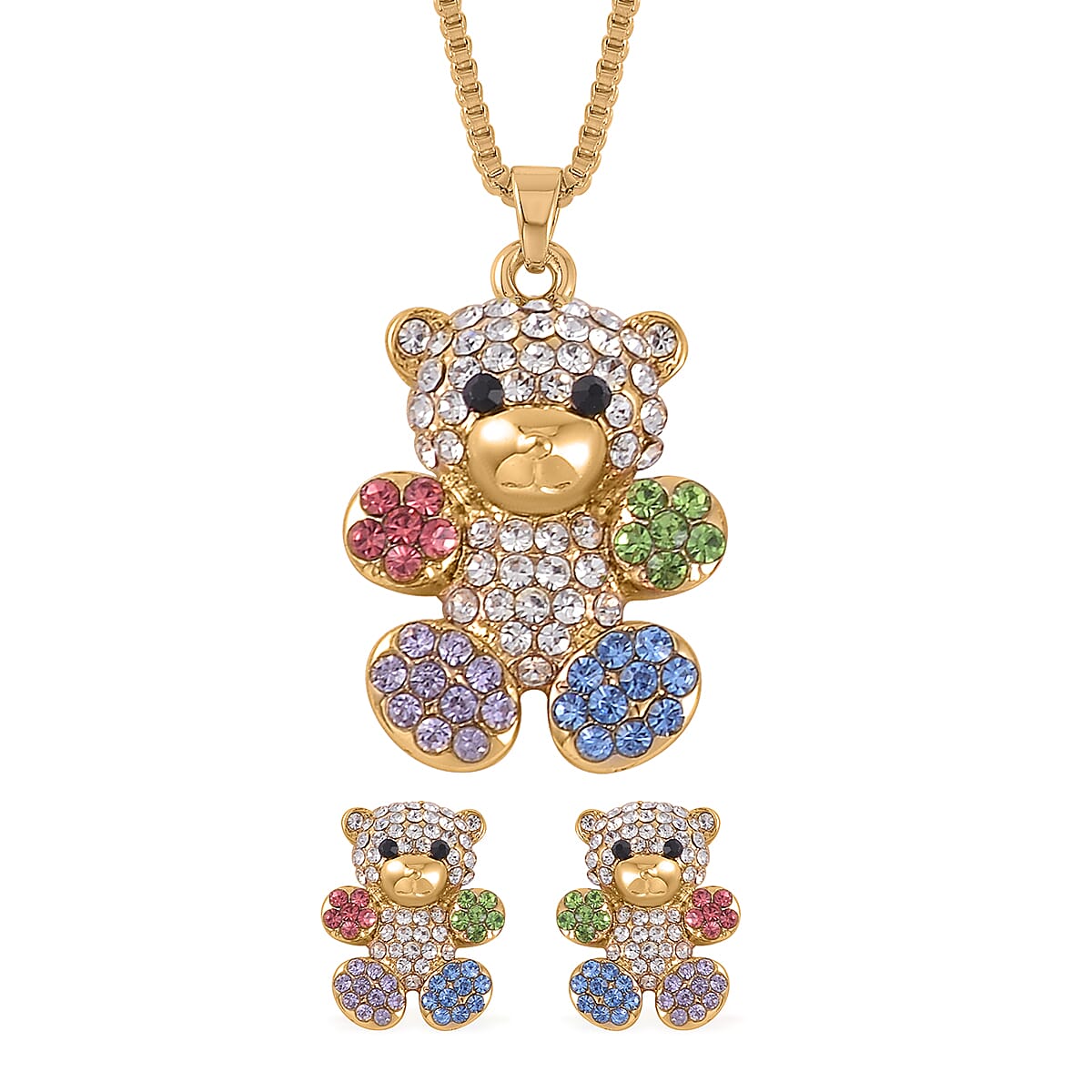 Multi Color Austrian Crystal Teddy Bear Necklace 20 Inches and Earrings in Goldtone