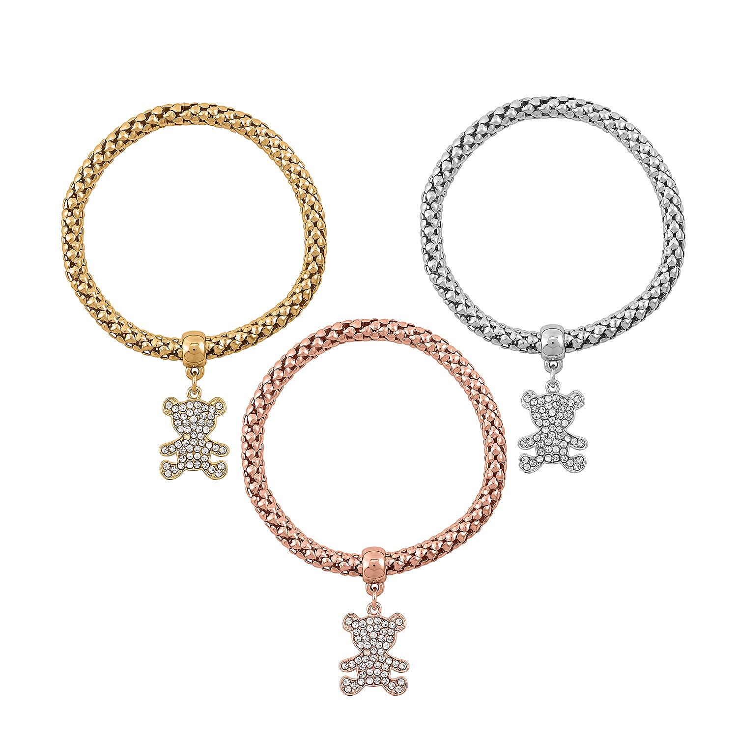 Set of 3 Austrian Crystal Pave Stretch Bracelet with Charm in Goldtone, Rosetone and Silvertone