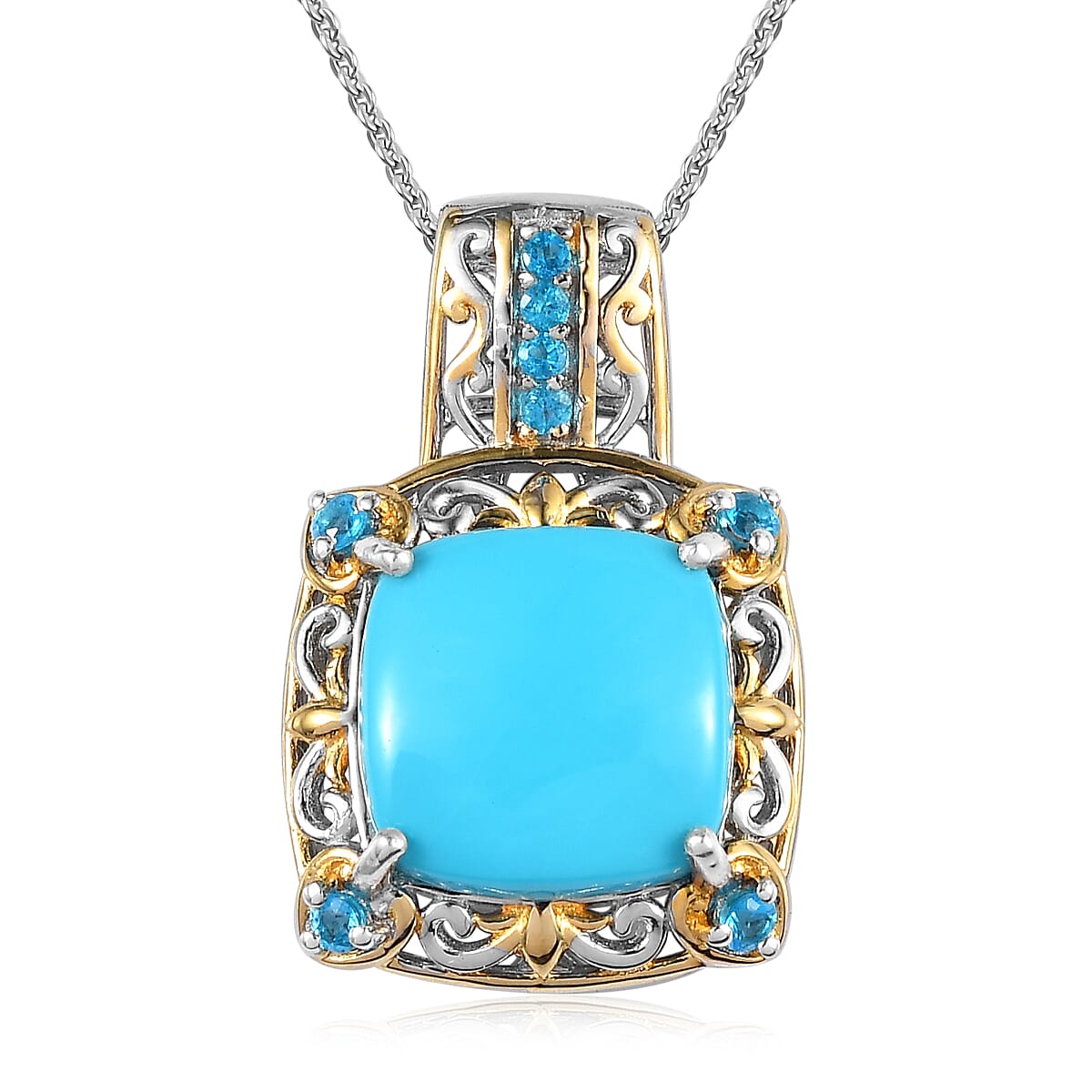 Sleeping Beauty Turquoise and Malgache Neon Apatite Pendant Necklace 20 Inches in Vermeil Yellow Gold and Platinum Over Sterling Silver 5.90 ctw