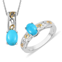 American Natural Sleeping Beauty Turquoise Solitaire Ring and Pendant Necklace 20 Inches in Vermeil Yellow Gold and Platinum Over Sterling Silver 1.40 ctw