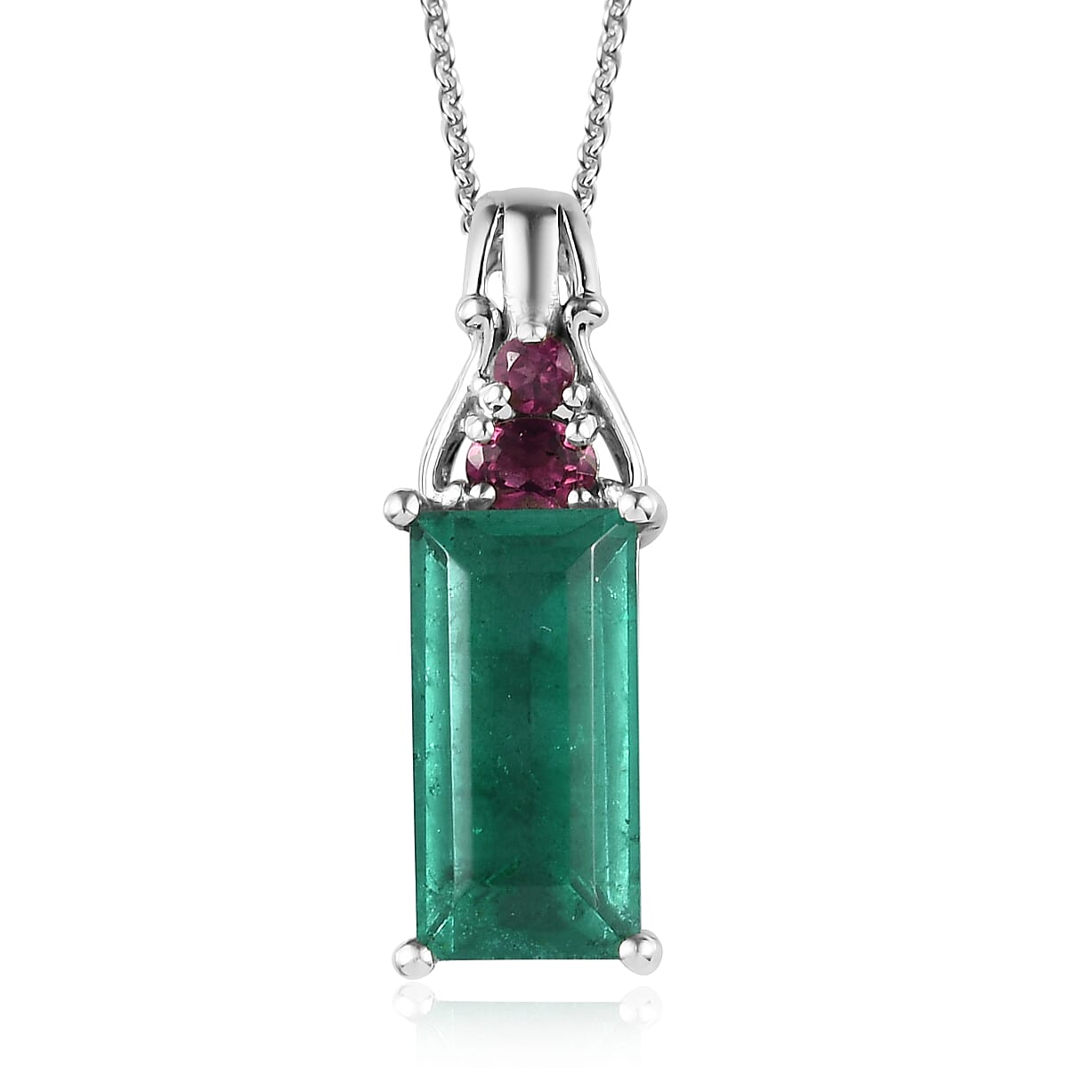 Emeraldine Quartz (Triplet) and Orissa Rhodolite Garnet Pendant Necklace 20 Inches in Platinum Over Sterling Silver 5.15 ctw