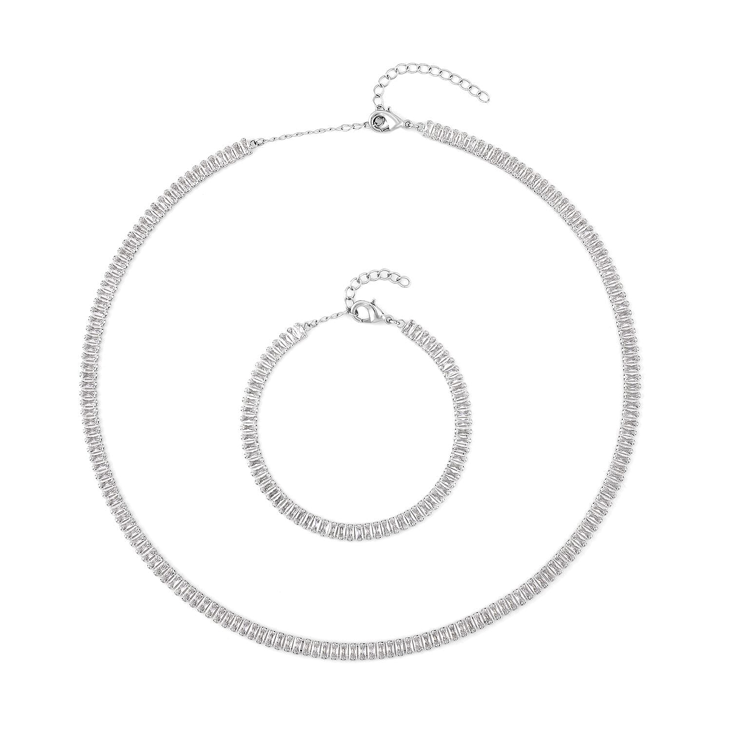 Simulated Diamond Tennis Bracelet (6.75-8.75In) and Necklace 16.5-19.5 Inches in Silvertone 50.00 ctw