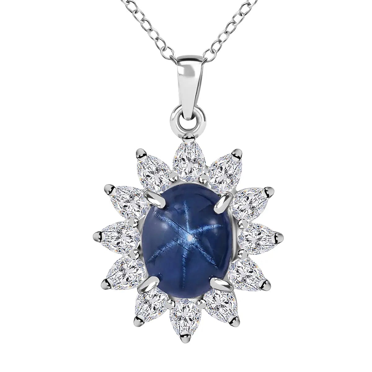 Blue Star Sapphire (DF) and Moissanite 7.15 ctw Sunburst Pendant Necklace 18 Inches in Platinum Over Sterling Silver
