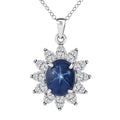 Blue Star Sapphire (DF) and Moissanite 7.15 ctw Sunburst Pendant Necklace 18 Inches in Platinum Over Sterling Silver - Sticky add to cart bar