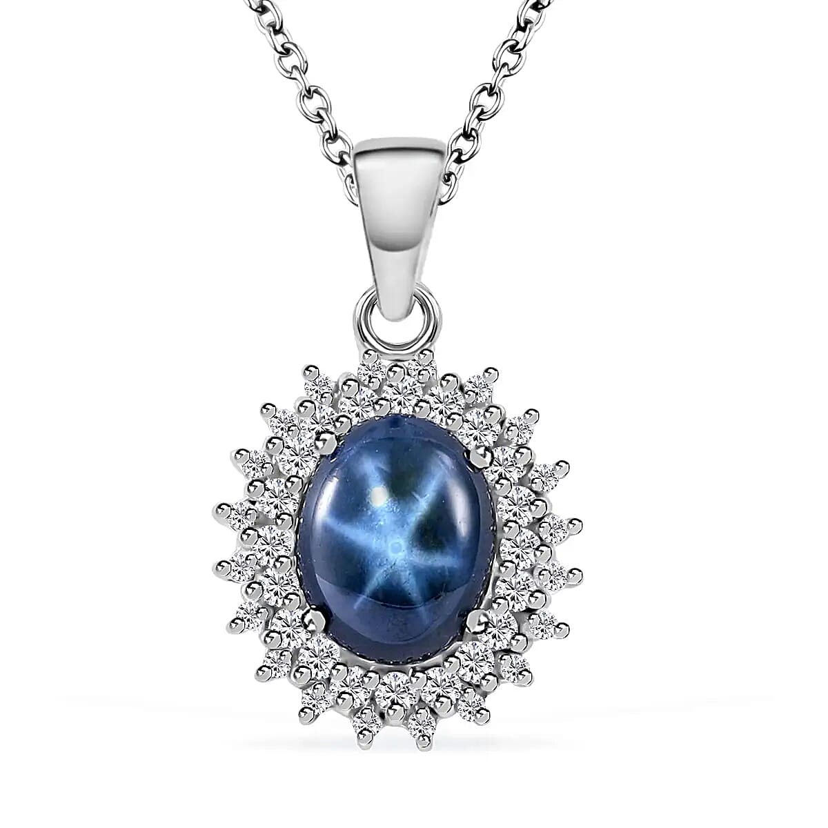 Blue Star Sapphire (DF) Pendant Necklace, Double Halo Pendant Necklace, Sterling Silver Pendant Necklace, Moissanite Halo Pendant Necklace, Princess Length Necklace 4.75 ctw