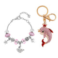 Pink Resin, Multi Austrian Crystal Bracelet (7-9In) in Silvertone with Enameled Dolphin Keychain in Goldtone - Sticky add to cart bar