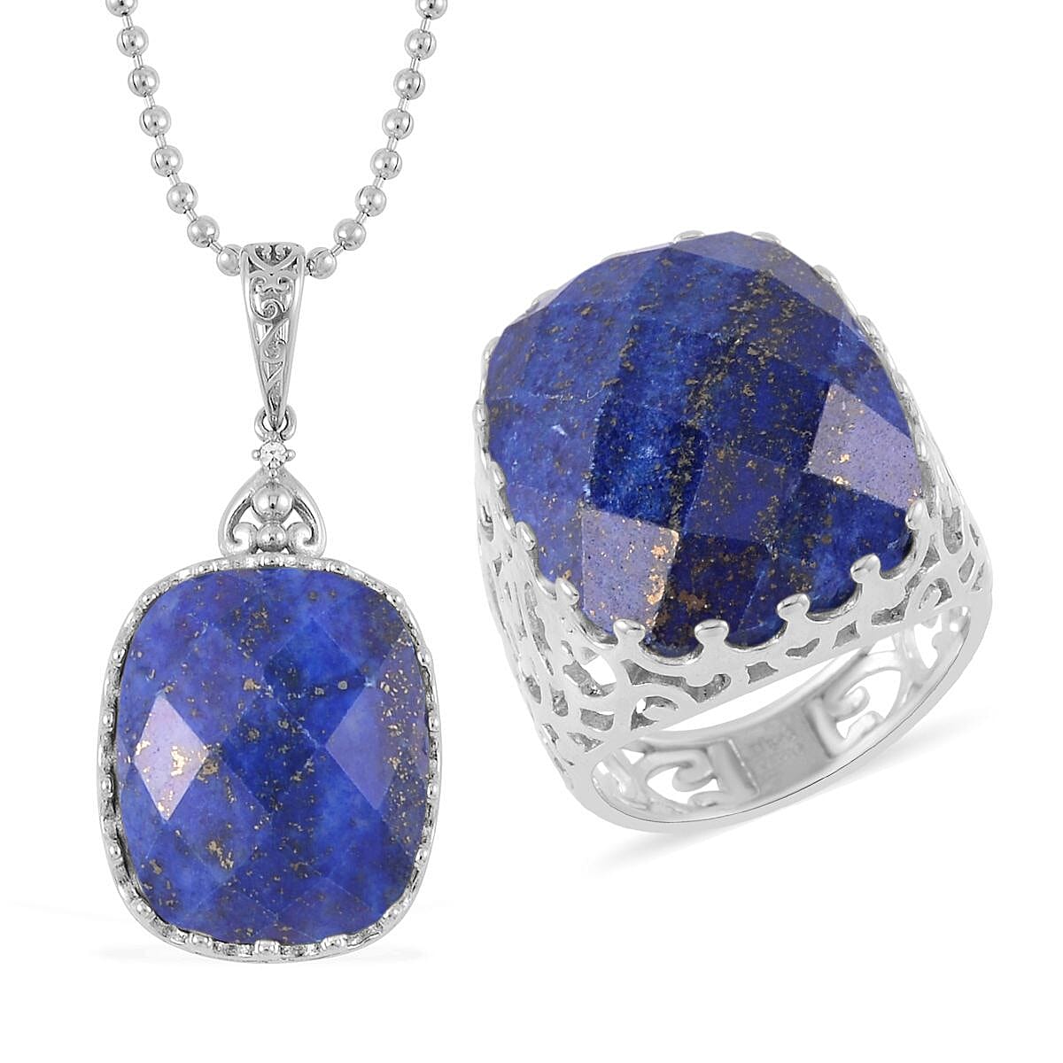 TLV Lapis Lazuli Solitaire Ring (Size 6.0) and Pendant Necklace (20-22 Inches) in Stainless Steel 30.00 ctw